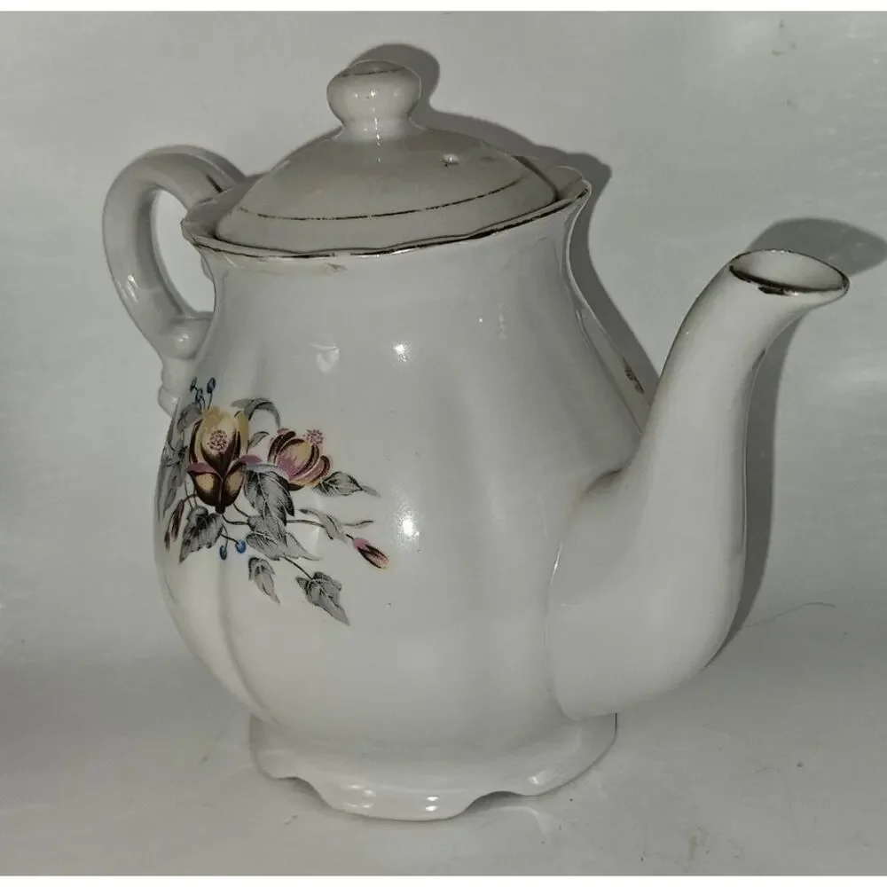Vintage Floral Porcelain Coffee Pot Teapot Scroll Handle Lidded White China